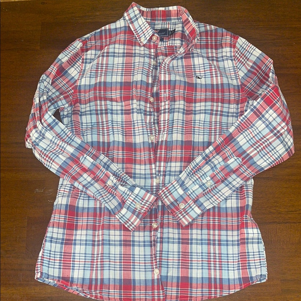 Vineyard Vines Classic Red and Blue Plaid boys long sleeve shirt. Size 16